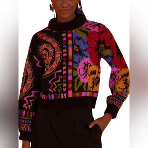 Farm Rio Black Mixed Scarves Sweater